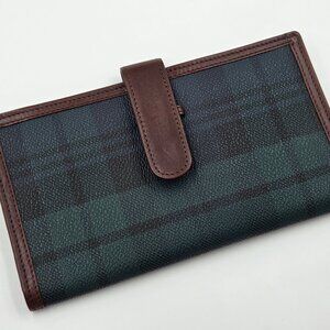 👛💚Polo Ralph Lauren Long Bifold Wallet Blackwatch Tartan Canvas Brown Leather